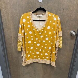 Umgee Yellow Polka Dot Blouse with Striped Accents